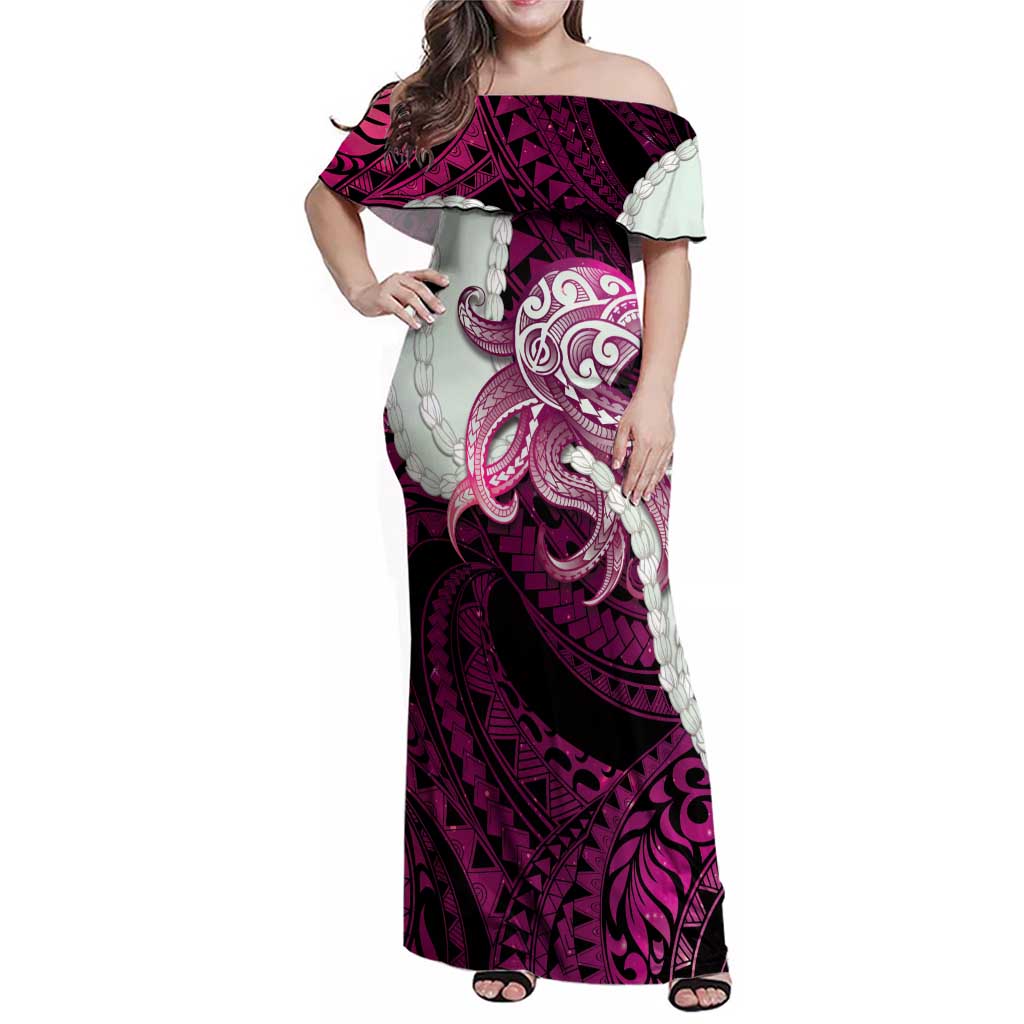 Pink Galaxy Polynesia Tribal Octopus Tattoo Family Matching Off Shoulder Maxi Dress and Hawaiian Shirt Pikake Lei Polynesian Pattern LT14 Mom's Dress Pink - Polynesian Pride