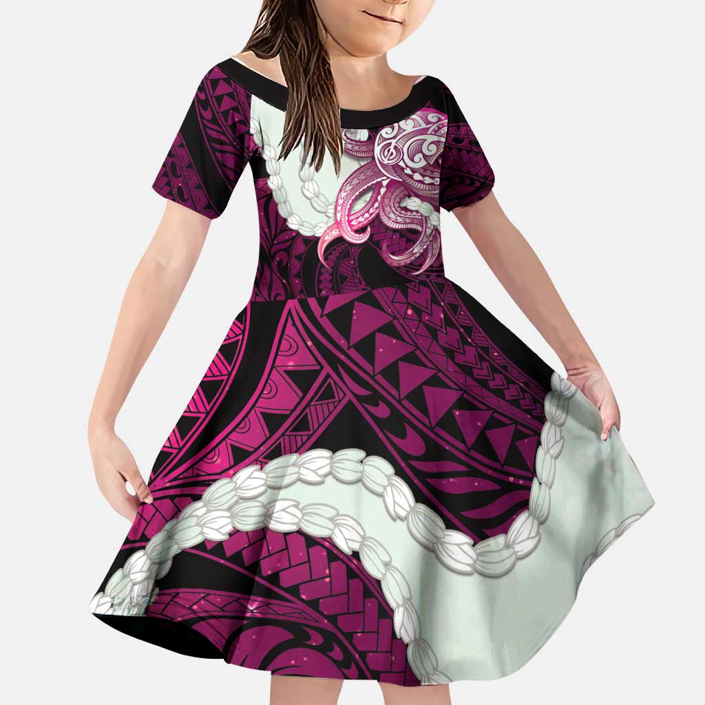 Pink Galaxy Polynesia Tribal Octopus Tattoo Family Matching Off Shoulder Short Dress and Hawaiian Shirt Pikake Lei Polynesian Pattern LT14 Daughter's Dress Pink - Polynesian Pride