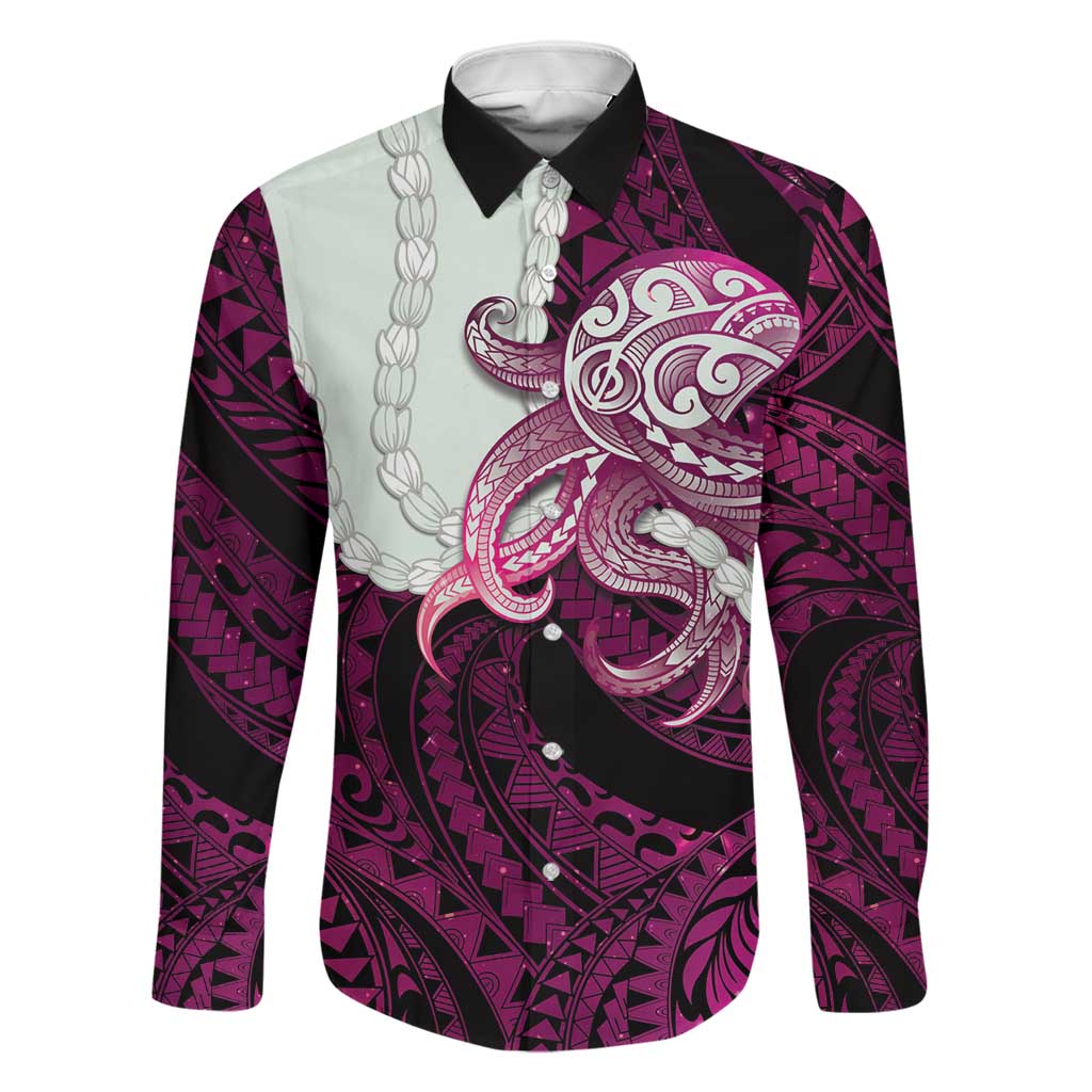 Pink Galaxy Polynesia Tribal Octopus Tattoo Family Matching Off Shoulder Short Dress and Hawaiian Shirt Pikake Lei Polynesian Pattern LT14 Dad's Shirt - Long Sleeve Pink - Polynesian Pride