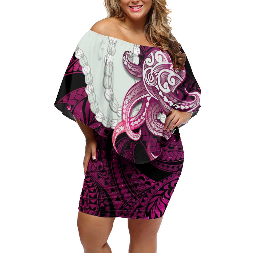 Pink Galaxy Polynesia Tribal Octopus Tattoo Family Matching Off Shoulder Short Dress and Hawaiian Shirt Pikake Lei Polynesian Pattern LT14 Mom's Dress Pink - Polynesian Pride