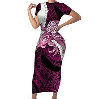Pink Galaxy Polynesia Tribal Octopus Tattoo Family Matching Short Sleeve Bodycon Dress and Hawaiian Shirt Pikake Lei Polynesian Pattern LT14 Mom's Dress Pink - Polynesian Pride