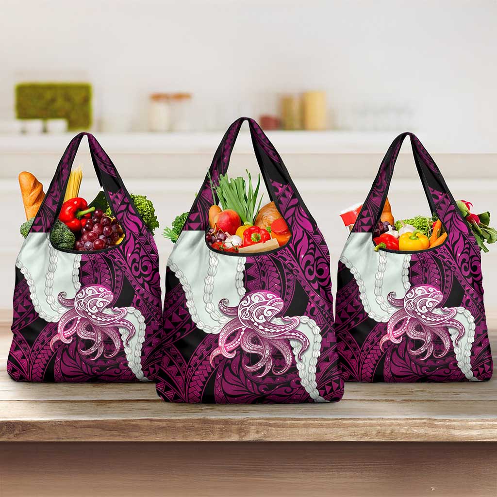 Pink Galaxy Polynesia Tribal Octopus Tattoo Grocery Bag Pikake Lei Polynesian Pattern