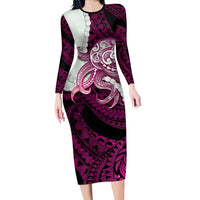 Pink Galaxy Polynesia Tribal Octopus Tattoo Long Sleeve Bodycon Dress Pikake Lei Polynesian Pattern