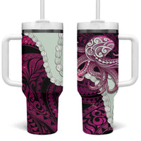 Pink Galaxy Polynesia Tribal Octopus Tattoo Tumbler With Handle Pikake Lei Polynesian Pattern