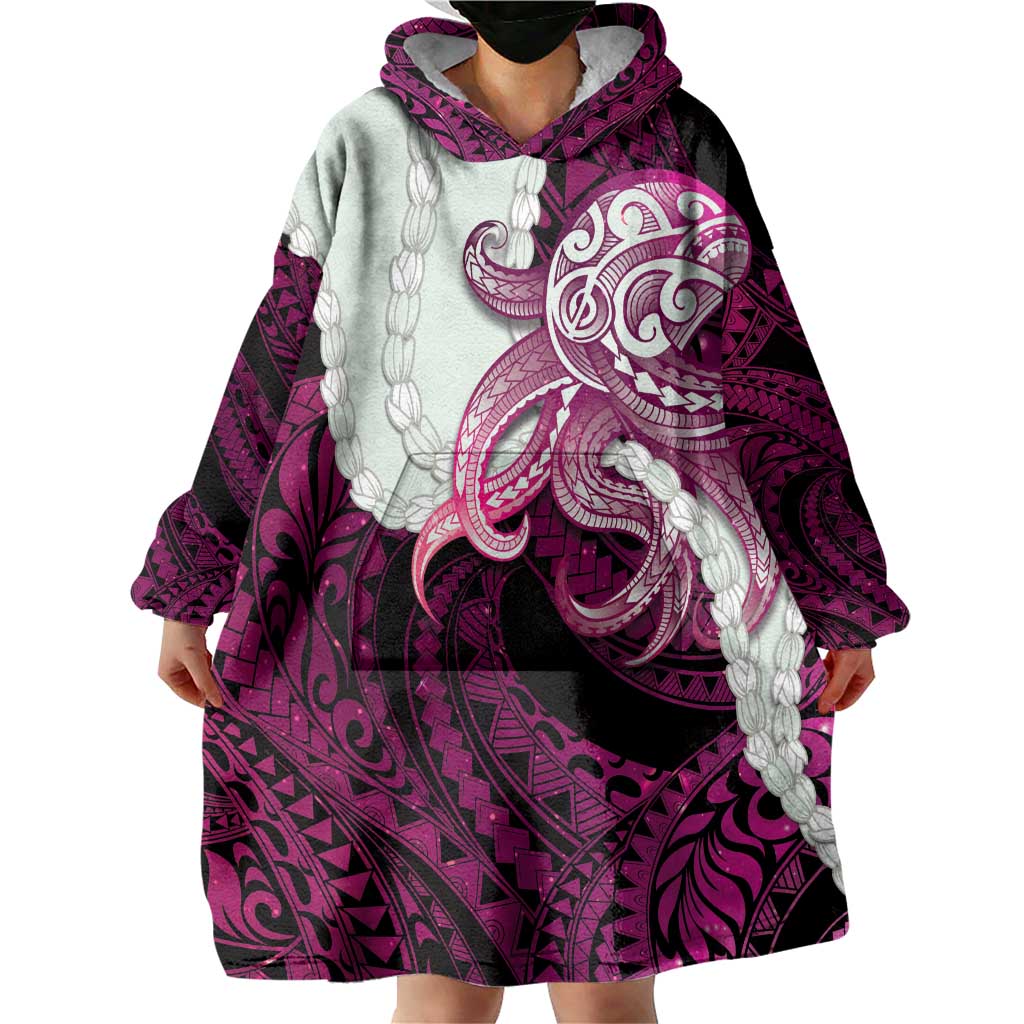 Pink Galaxy Polynesia Tribal Octopus Tattoo Wearable Blanket Hoodie Pikake Lei Polynesian Pattern