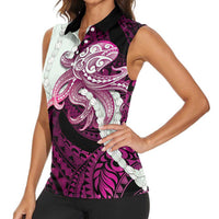 Pink Galaxy Polynesia Tribal Octopus Tattoo Women Sleeveless Polo Shirt Pikake Lei Polynesian Pattern