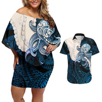 Blue Galaxy Polynesia Tribal Octopus Tattoo Couples Matching Off Shoulder Short Dress and Hawaiian Shirt Pikake Lei Polynesian Pattern