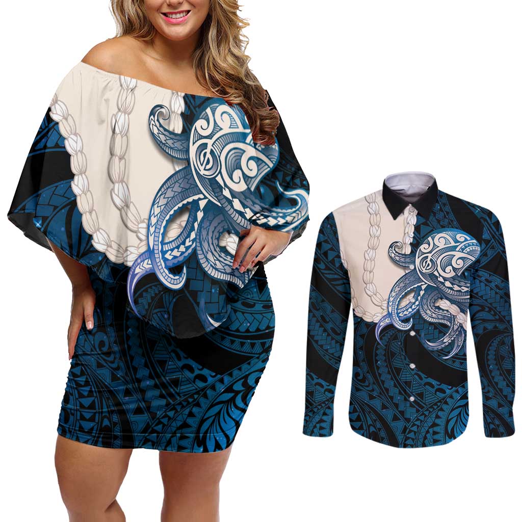 Blue Galaxy Polynesia Tribal Octopus Tattoo Couples Matching Off Shoulder Short Dress and Long Sleeve Button Shirt Pikake Lei Polynesian Pattern LT14 Blue - Polynesian Pride