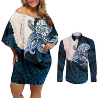 Blue Galaxy Polynesia Tribal Octopus Tattoo Couples Matching Off Shoulder Short Dress and Long Sleeve Button Shirt Pikake Lei Polynesian Pattern LT14 Blue - Polynesian Pride