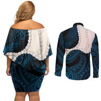 Blue Galaxy Polynesia Tribal Octopus Tattoo Couples Matching Off Shoulder Short Dress and Long Sleeve Button Shirt Pikake Lei Polynesian Pattern LT14 - Polynesian Pride