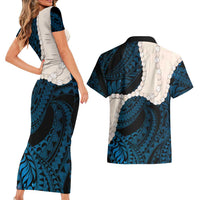 Blue Galaxy Polynesia Tribal Octopus Tattoo Couples Matching Short Sleeve Bodycon Dress and Hawaiian Shirt Pikake Lei Polynesian Pattern