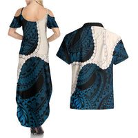 Blue Galaxy Polynesia Tribal Octopus Tattoo Couples Matching Summer Maxi Dress and Hawaiian Shirt Pikake Lei Polynesian Pattern