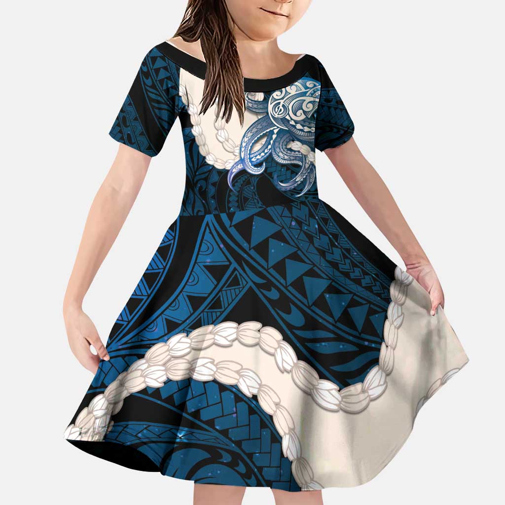 Blue Galaxy Polynesia Tribal Octopus Tattoo Family Matching Long Sleeve Bodycon Dress and Hawaiian Shirt Pikake Lei Polynesian Pattern LT14 Daughter's Dress Blue - Polynesian Pride