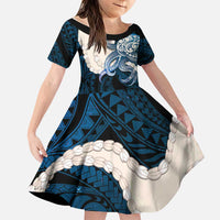 Blue Galaxy Polynesia Tribal Octopus Tattoo Family Matching Long Sleeve Bodycon Dress and Hawaiian Shirt Pikake Lei Polynesian Pattern LT14 Daughter's Dress Blue - Polynesian Pride