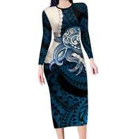 Blue Galaxy Polynesia Tribal Octopus Tattoo Family Matching Long Sleeve Bodycon Dress and Hawaiian Shirt Pikake Lei Polynesian Pattern LT14 Mom's Dress Blue - Polynesian Pride