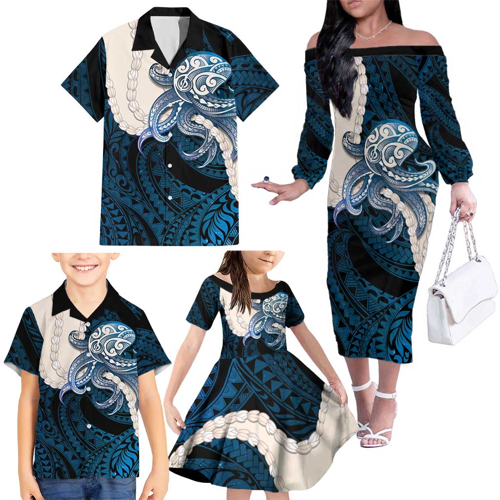 Blue Galaxy Polynesia Tribal Octopus Tattoo Family Matching Off The Shoulder Long Sleeve Dress and Hawaiian Shirt Pikake Lei Polynesian Pattern LT14 - Polynesian Pride