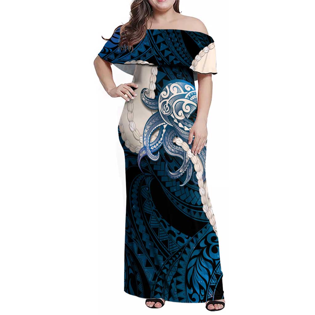 Blue Galaxy Polynesia Tribal Octopus Tattoo Family Matching Off Shoulder Maxi Dress and Hawaiian Shirt Pikake Lei Polynesian Pattern LT14 Mom's Dress Blue - Polynesian Pride
