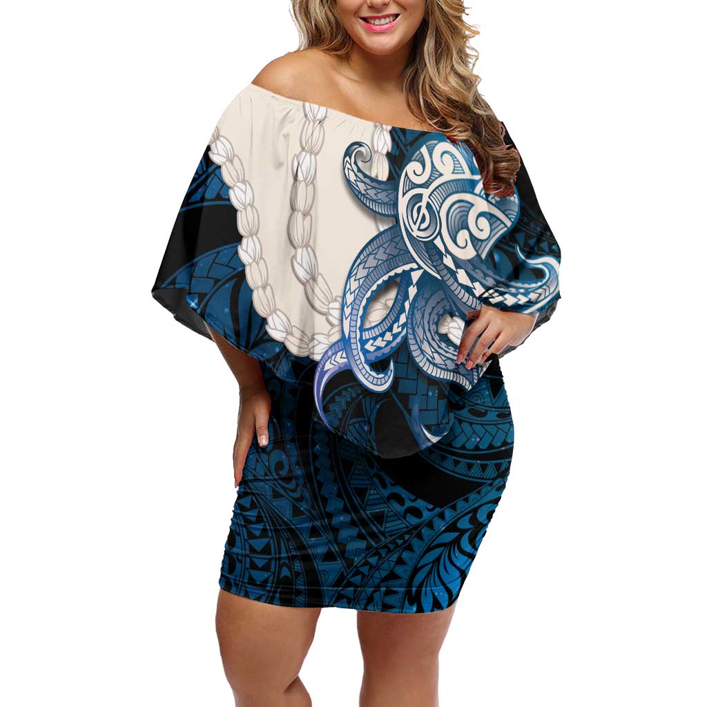 Blue Galaxy Polynesia Tribal Octopus Tattoo Family Matching Off Shoulder Short Dress and Hawaiian Shirt Pikake Lei Polynesian Pattern LT14 Mom's Dress Blue - Polynesian Pride