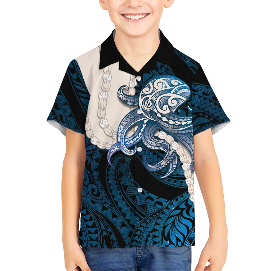 Blue Galaxy Polynesia Tribal Octopus Tattoo Family Matching Off Shoulder Short Dress and Hawaiian Shirt Pikake Lei Polynesian Pattern LT14 Son's Shirt Blue - Polynesian Pride
