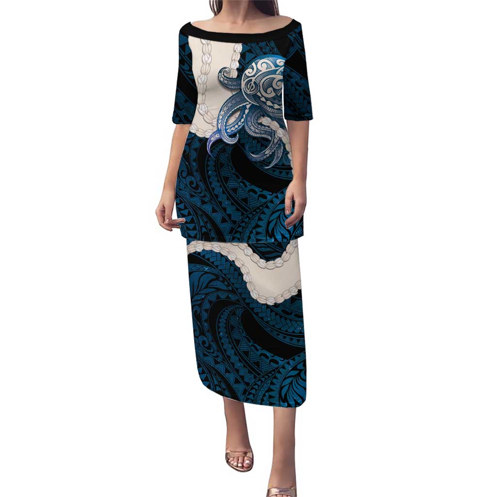 Blue Galaxy Polynesia Tribal Octopus Tattoo Family Matching Puletasi and Hawaiian Shirt Pikake Lei Polynesian Pattern