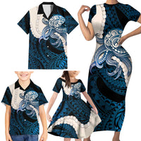 Blue Galaxy Polynesia Tribal Octopus Tattoo Family Matching Short Sleeve Bodycon Dress and Hawaiian Shirt Pikake Lei Polynesian Pattern LT14 - Polynesian Pride
