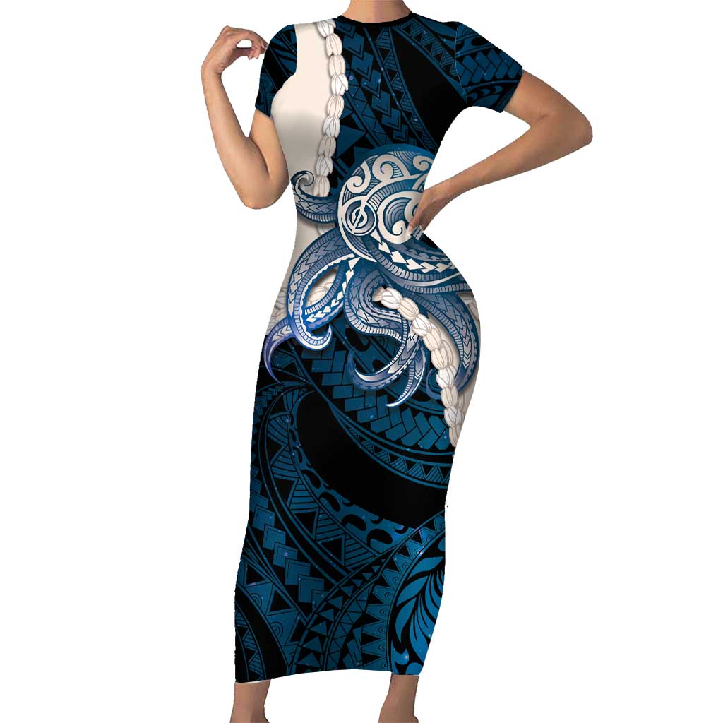 Blue Galaxy Polynesia Tribal Octopus Tattoo Family Matching Short Sleeve Bodycon Dress and Hawaiian Shirt Pikake Lei Polynesian Pattern LT14 Mom's Dress Blue - Polynesian Pride