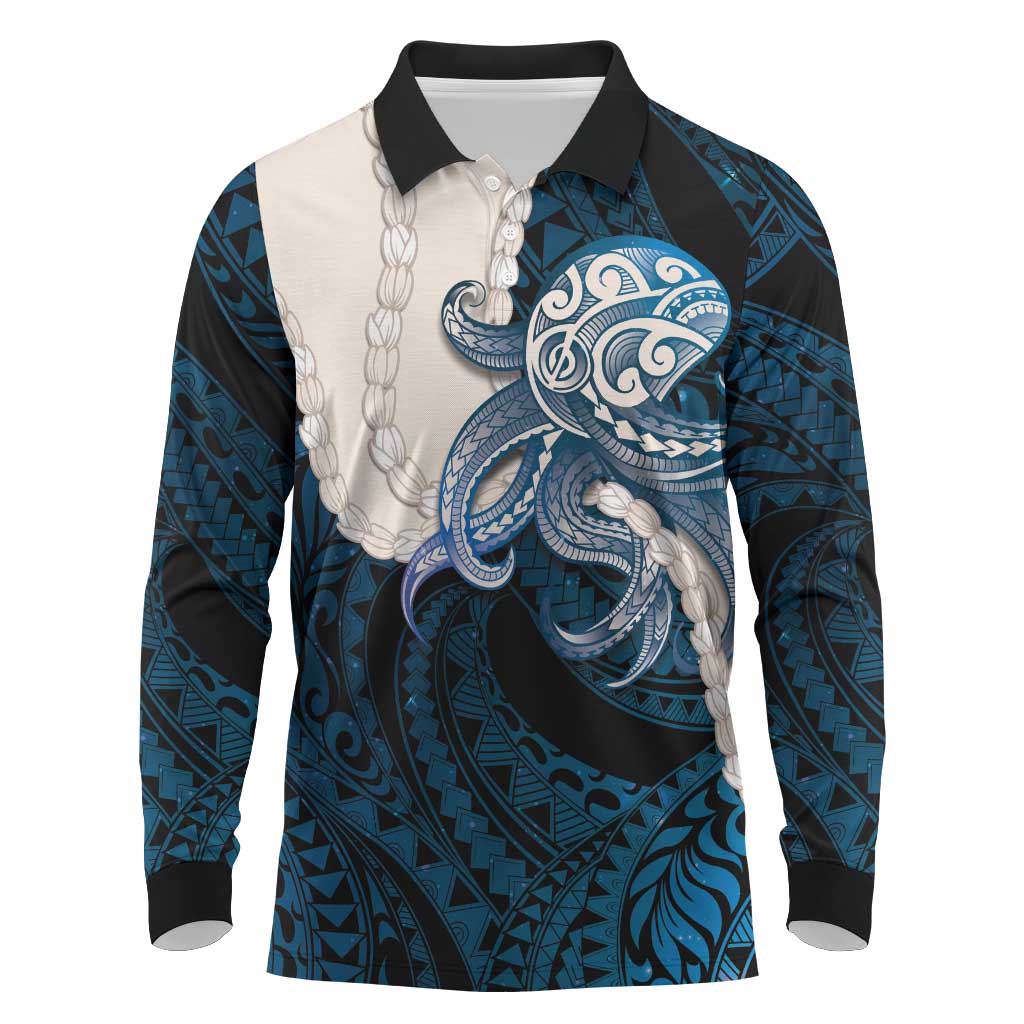 Blue Galaxy Polynesia Tribal Octopus Tattoo Long Sleeve Polo Shirt Pikake Lei Polynesian Pattern