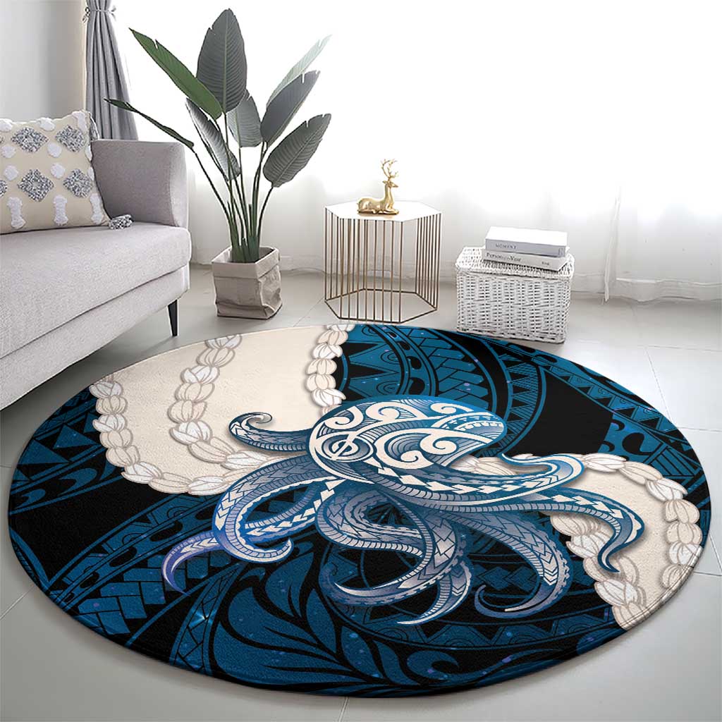 Blue Galaxy Polynesia Tribal Octopus Tattoo Round Carpet Pikake Lei Polynesian Pattern