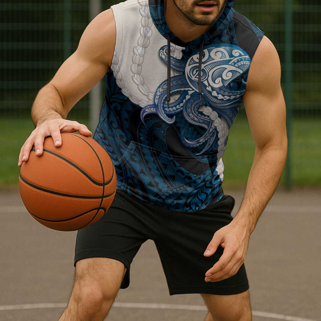 Blue Galaxy Polynesia Tribal Octopus Tattoo Sleeveless Hoodie Pikake Lei Polynesian Pattern