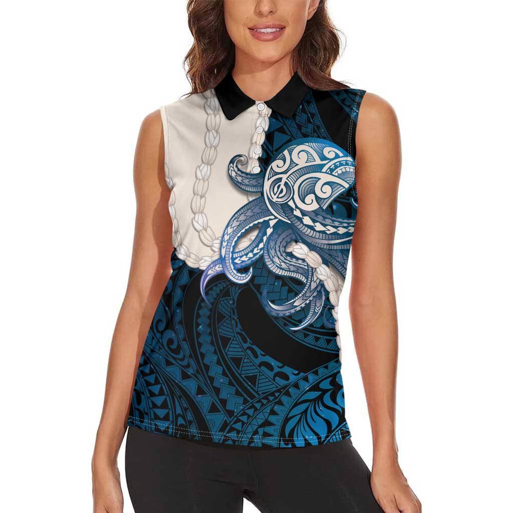 Blue Galaxy Polynesia Tribal Octopus Tattoo Women Sleeveless Polo Shirt Pikake Lei Polynesian Pattern