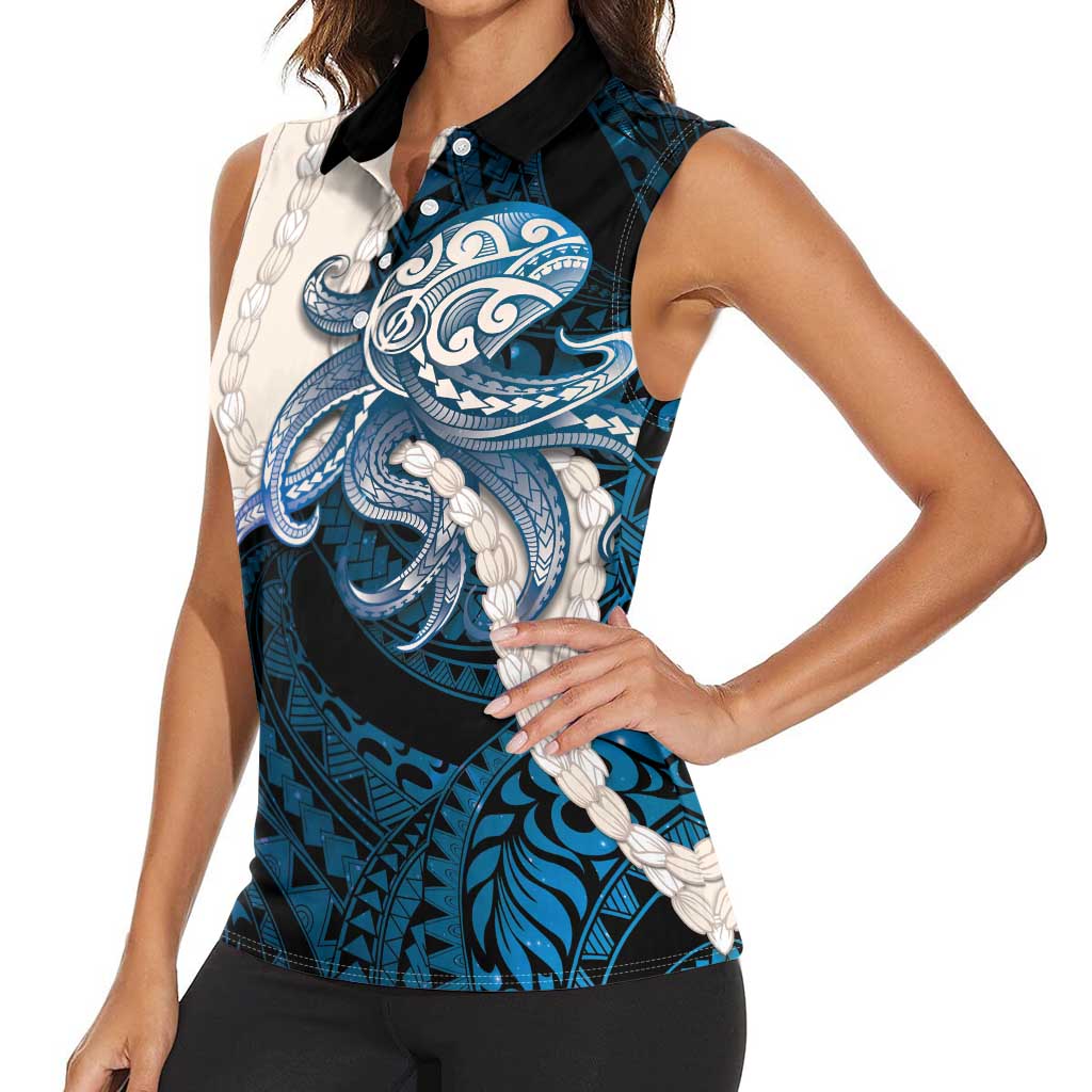 Blue Galaxy Polynesia Tribal Octopus Tattoo Women Sleeveless Polo Shirt Pikake Lei Polynesian Pattern