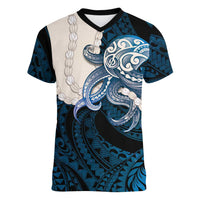 Blue Galaxy Polynesia Tribal Octopus Tattoo Women V-Neck T-Shirt Pikake Lei Polynesian Pattern
