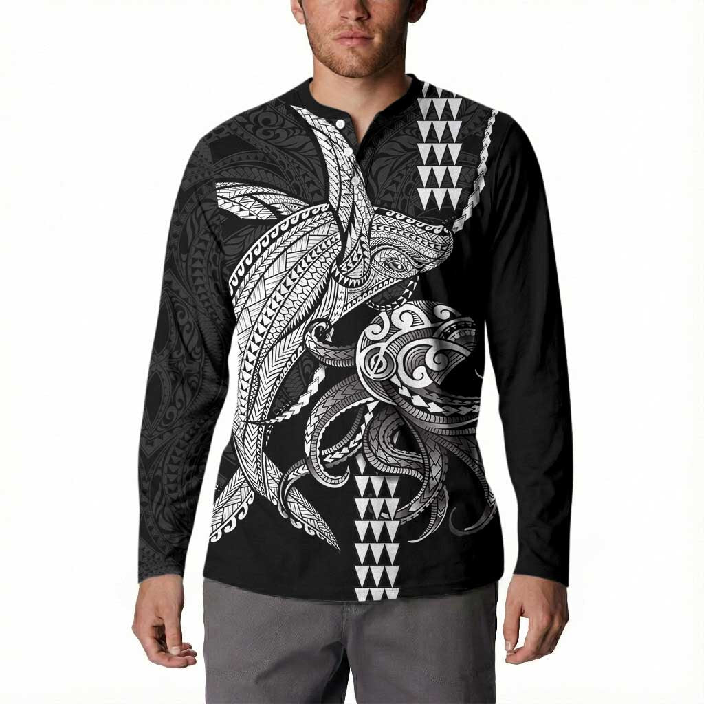 Kanaloa Aloha Hawaii Button Sweatshirt Humpback Whale Octopus Tattoo Kakau Pattern