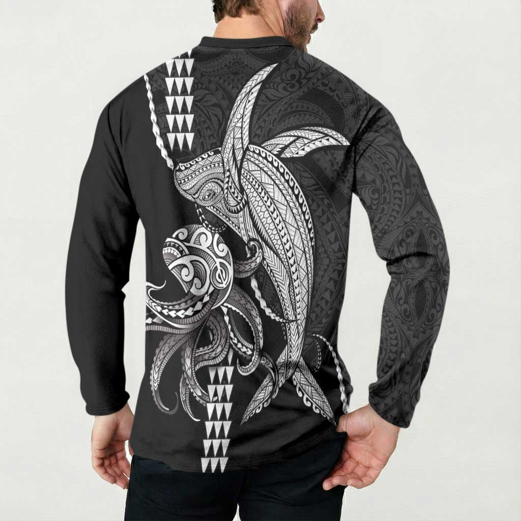 Kanaloa Aloha Hawaii Button Sweatshirt Humpback Whale Octopus Tattoo Kakau Pattern