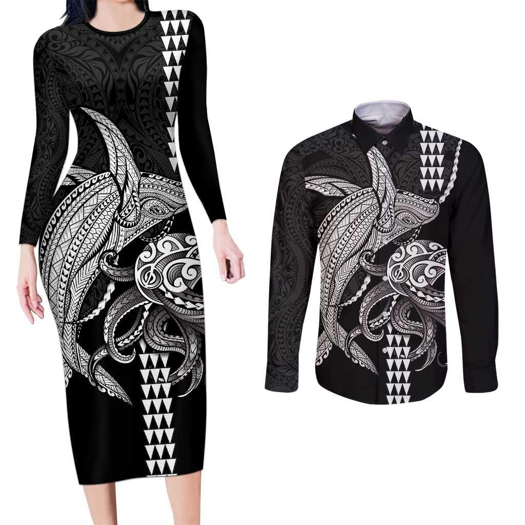 Kanaloa Aloha Hawaii Couples Matching Long Sleeve Bodycon Dress and Long Sleeve Button Shirt Humpback Whale Octopus Tattoo Kakau Pattern LT14 Black - Polynesian Pride