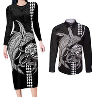 Kanaloa Aloha Hawaii Couples Matching Long Sleeve Bodycon Dress and Long Sleeve Button Shirt Humpback Whale Octopus Tattoo Kakau Pattern LT14 Black - Polynesian Pride