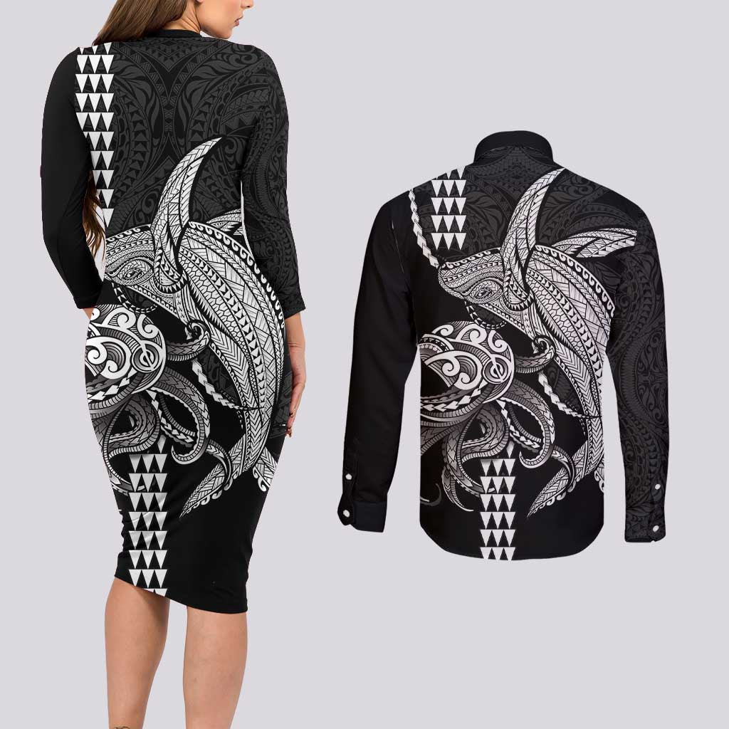 Kanaloa Aloha Hawaii Couples Matching Long Sleeve Bodycon Dress and Long Sleeve Button Shirt Humpback Whale Octopus Tattoo Kakau Pattern LT14 - Polynesian Pride