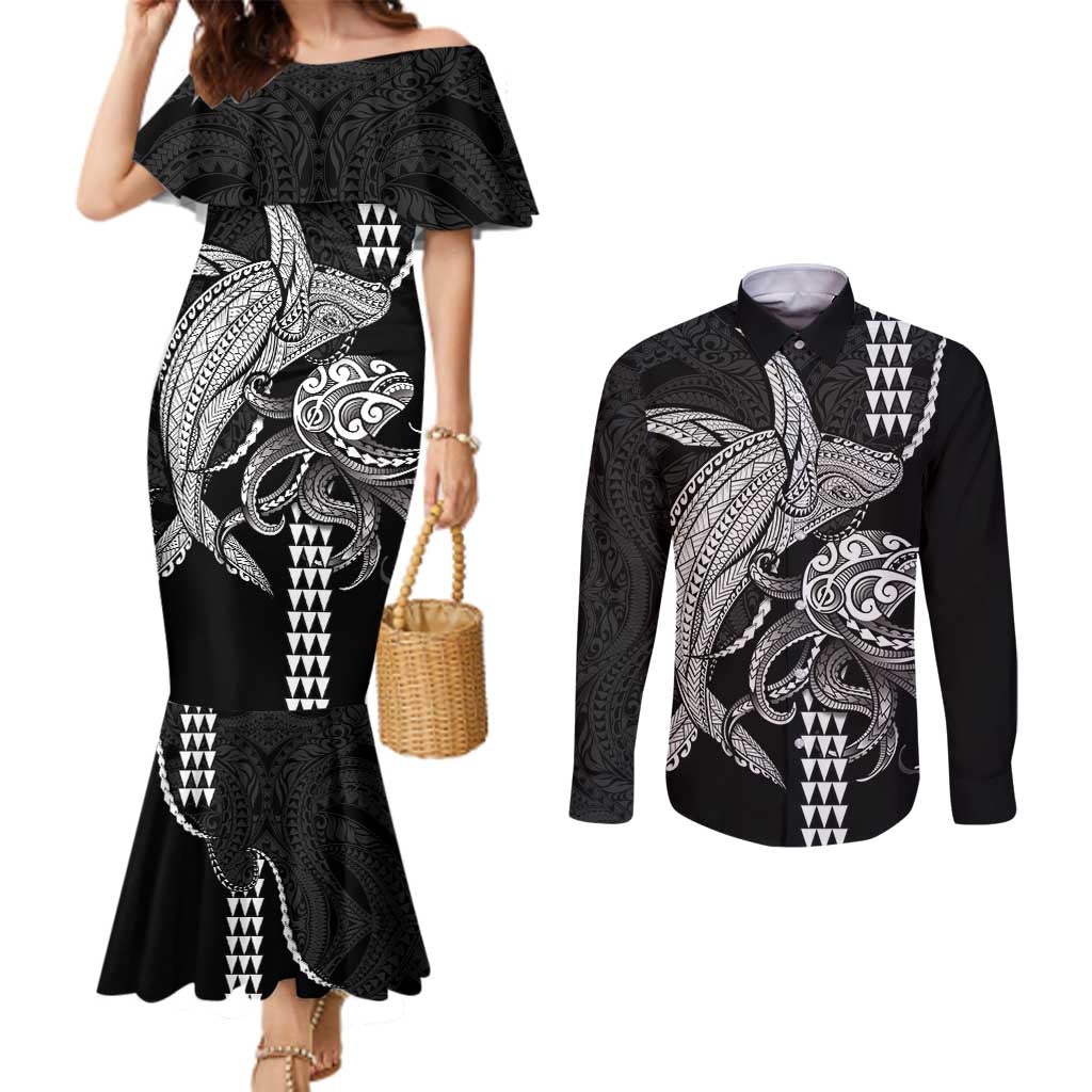 Kanaloa Aloha Hawaii Couples Matching Mermaid Dress and Long Sleeve Button Shirt Humpback Whale Octopus Tattoo Kakau Pattern LT14 Black - Polynesian Pride