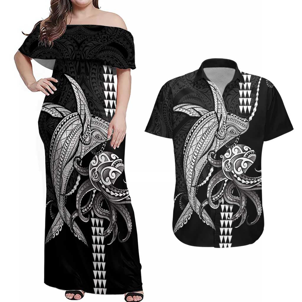 Kanaloa Aloha Hawaii Couples Matching Off Shoulder Maxi Dress and Hawaiian Shirt Humpback Whale Octopus Tattoo Kakau Pattern