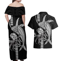 Kanaloa Aloha Hawaii Couples Matching Off Shoulder Maxi Dress and Hawaiian Shirt Humpback Whale Octopus Tattoo Kakau Pattern LT14 - Polynesian Pride