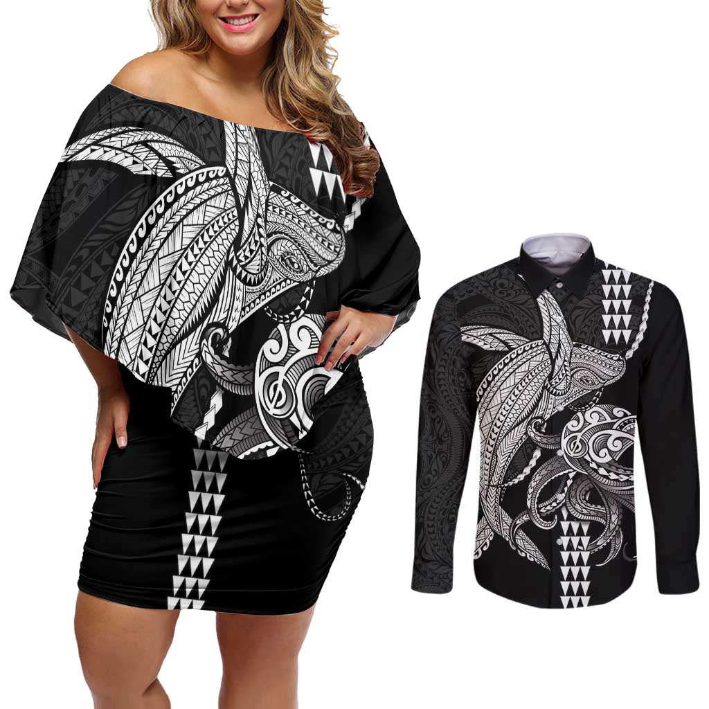 Kanaloa Aloha Hawaii Couples Matching Off Shoulder Short Dress and Long Sleeve Button Shirt Humpback Whale Octopus Tattoo Kakau Pattern LT14 Black - Polynesian Pride