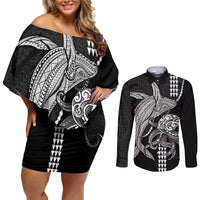 Kanaloa Aloha Hawaii Couples Matching Off Shoulder Short Dress and Long Sleeve Button Shirt Humpback Whale Octopus Tattoo Kakau Pattern LT14 Black - Polynesian Pride