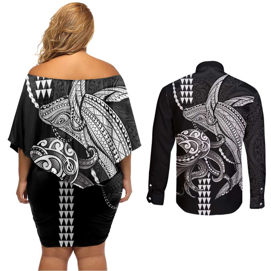 Kanaloa Aloha Hawaii Couples Matching Off Shoulder Short Dress and Long Sleeve Button Shirt Humpback Whale Octopus Tattoo Kakau Pattern LT14 - Polynesian Pride