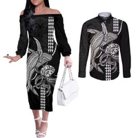 Kanaloa Aloha Hawaii Couples Matching Off The Shoulder Long Sleeve Dress and Long Sleeve Button Shirt Humpback Whale Octopus Tattoo Kakau Pattern LT14 Black - Polynesian Pride