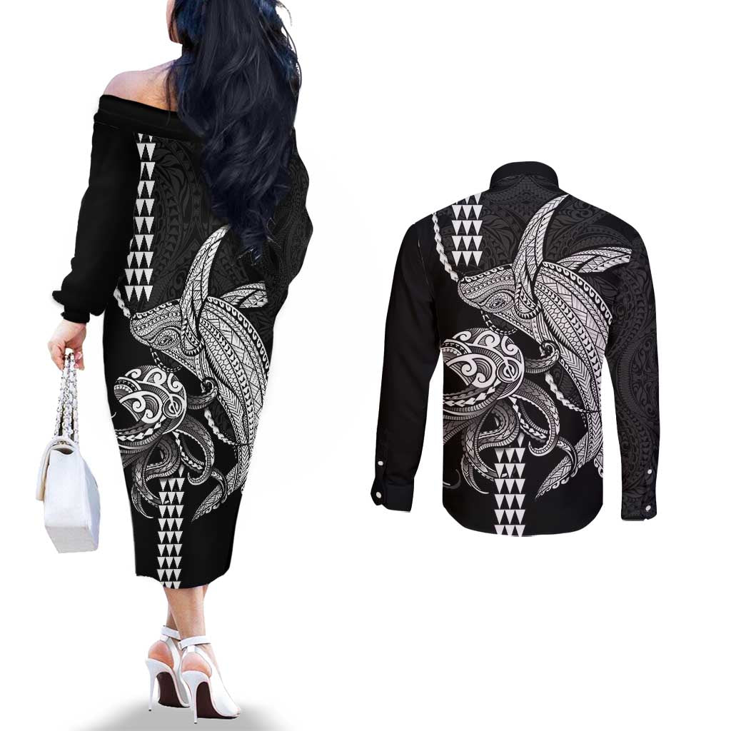 Kanaloa Aloha Hawaii Couples Matching Off The Shoulder Long Sleeve Dress and Long Sleeve Button Shirt Humpback Whale Octopus Tattoo Kakau Pattern LT14 - Polynesian Pride