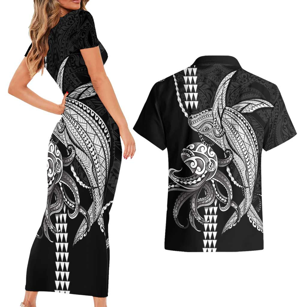 Kanaloa Aloha Hawaii Couples Matching Short Sleeve Bodycon Dress and Hawaiian Shirt Humpback Whale Octopus Tattoo Kakau Pattern LT14 - Polynesian Pride