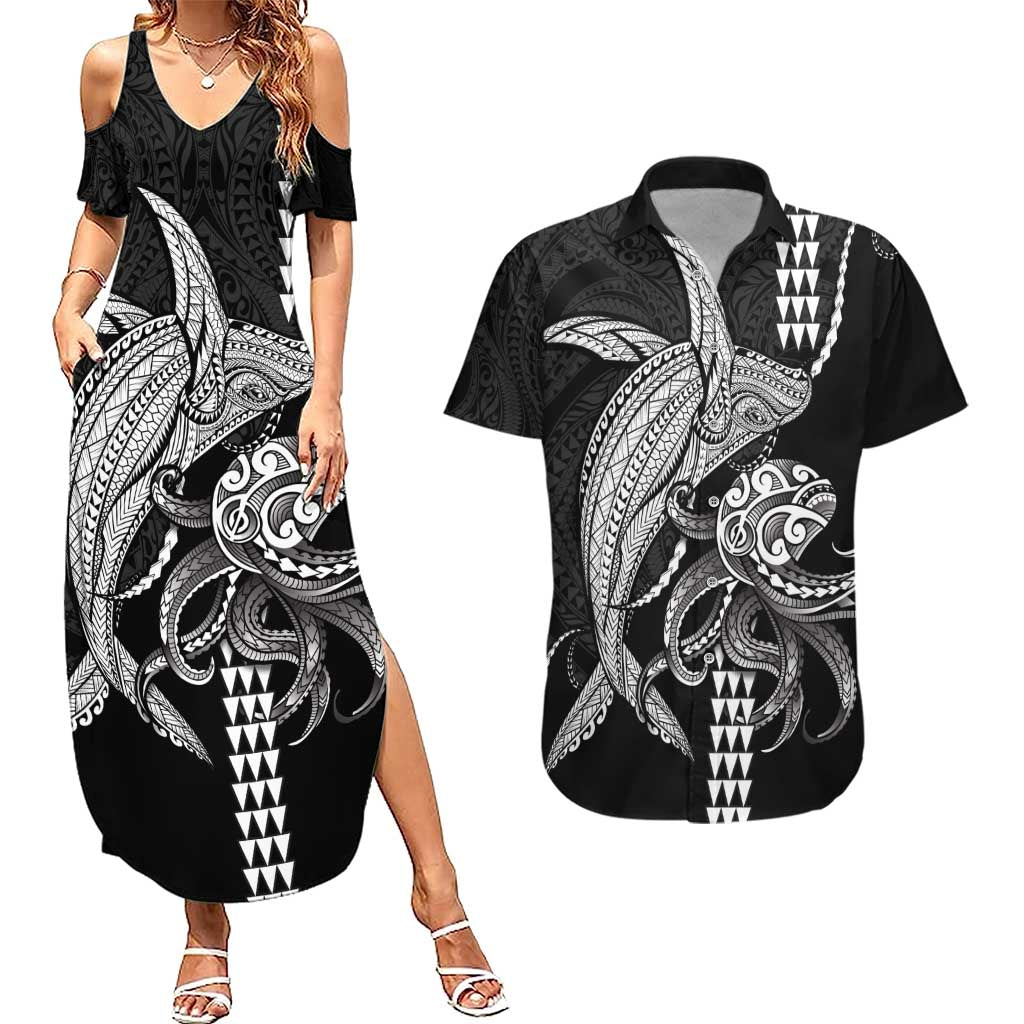 Kanaloa Aloha Hawaii Couples Matching Summer Maxi Dress and Hawaiian Shirt Humpback Whale Octopus Tattoo Kakau Pattern LT14 Black - Polynesian Pride