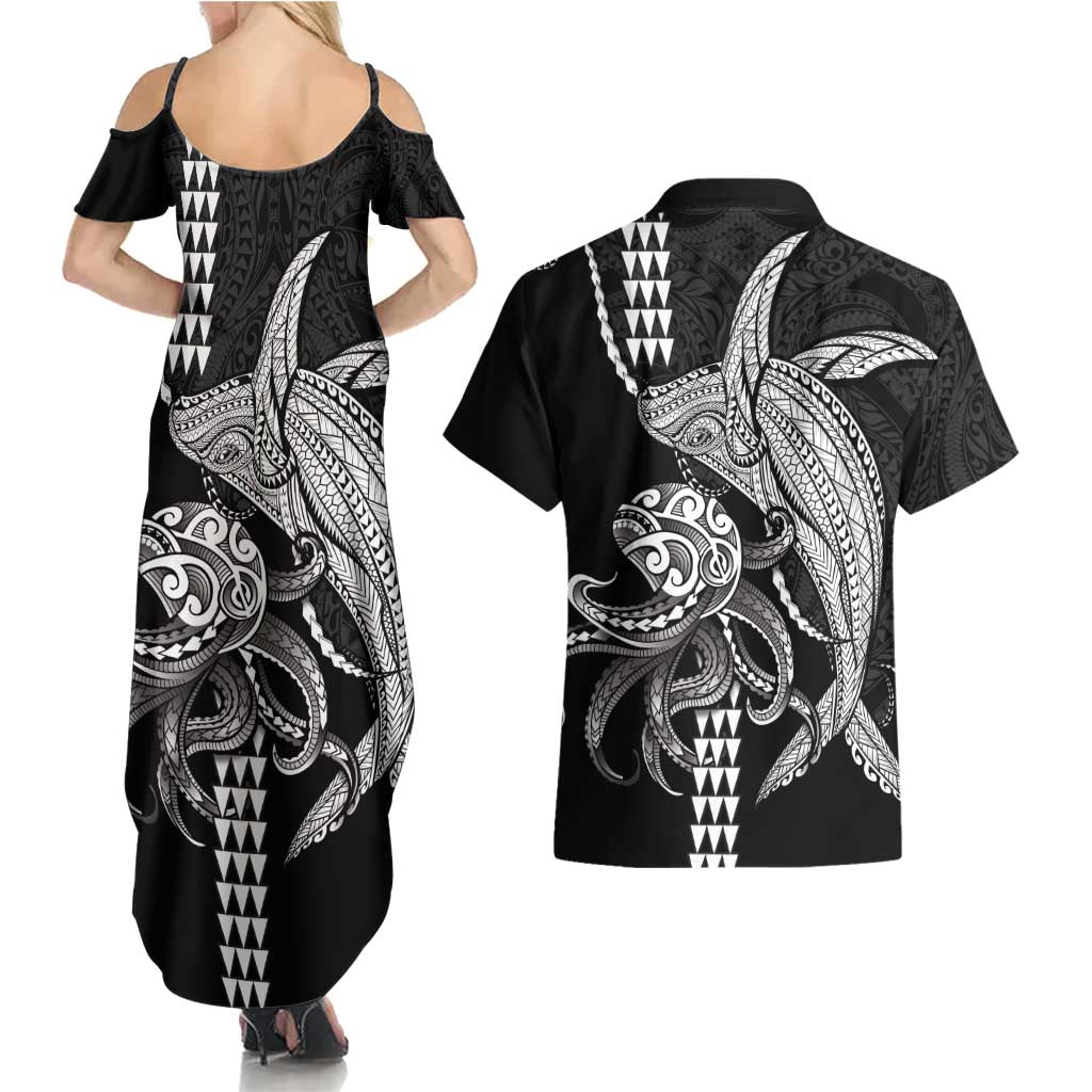 Kanaloa Aloha Hawaii Couples Matching Summer Maxi Dress and Hawaiian Shirt Humpback Whale Octopus Tattoo Kakau Pattern LT14 - Polynesian Pride