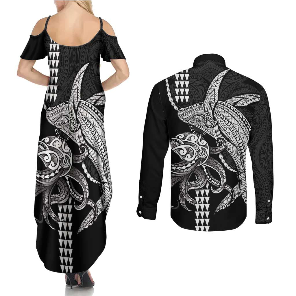 Kanaloa Aloha Hawaii Couples Matching Summer Maxi Dress and Long Sleeve Button Shirt Humpback Whale Octopus Tattoo Kakau Pattern LT14 - Polynesian Pride