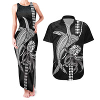 Kanaloa Aloha Hawaii Couples Matching Tank Maxi Dress and Hawaiian Shirt Humpback Whale Octopus Tattoo Kakau Pattern LT14 Black - Polynesian Pride